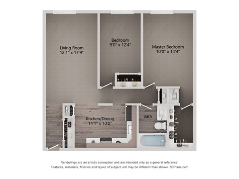 Floor plan for 2 beds, 1.3 baths, 1000 sqft
